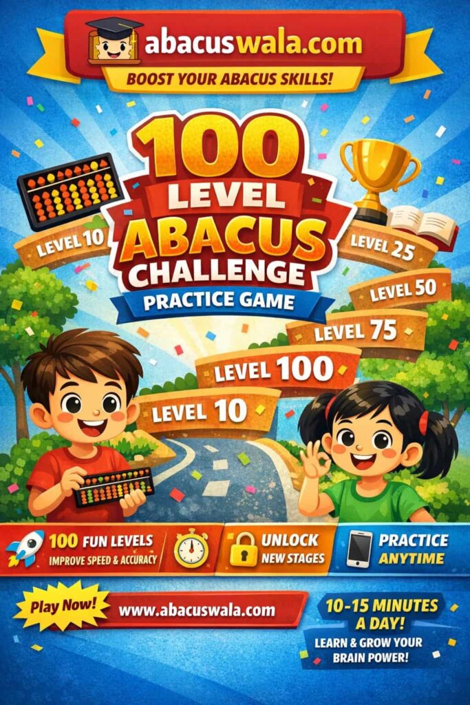 AbacusWala.com 100 Level Abacus Challenge practice game poster with kids practicing abacus online for speed and accuracy improvement ,AbacusWala.com par 100 level abacus challenge practice game jisme bacche online abacus practice kar rahe hain